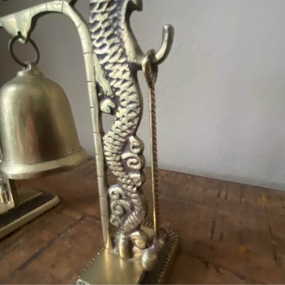 Vintage Chinese Brass Bell on Ornate Dragon Arch with Mallet - Picture 5 of 7